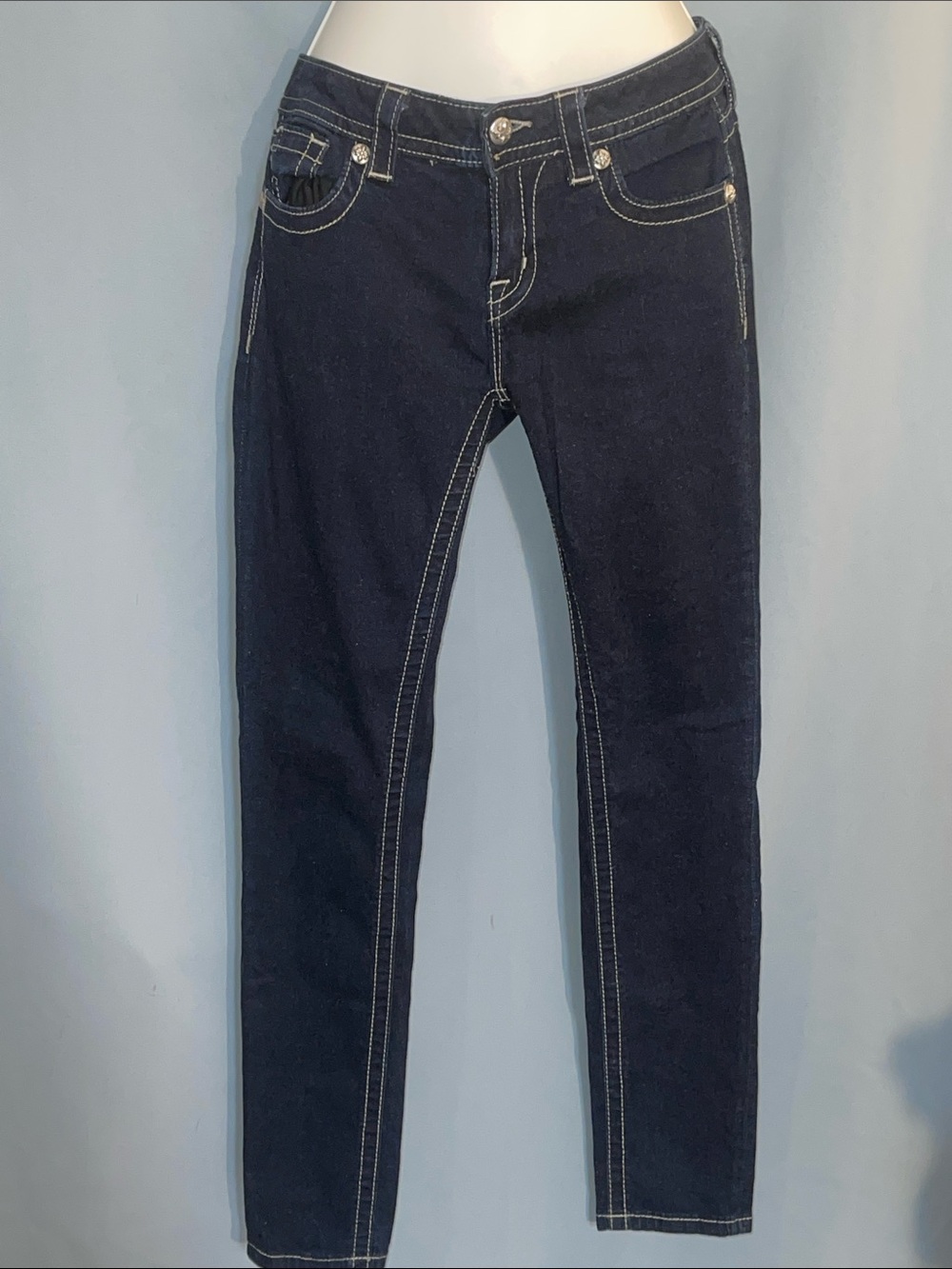 Miss Me Dark Indigo Jeans with Gold Stitching